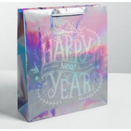Пакет голографический вертикальный Happy New Year, M 26 x 30 × 9 см